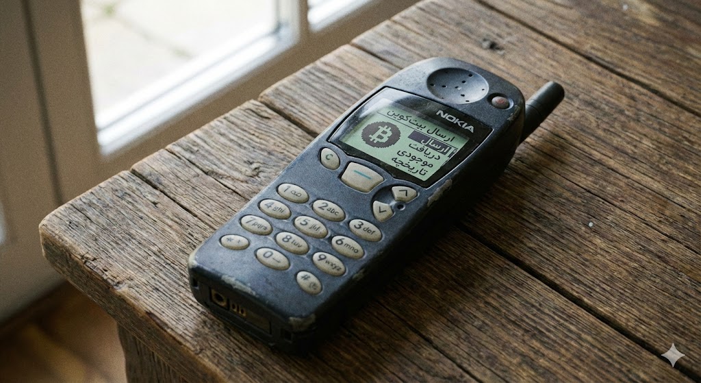 عکسی از یک گوشی ساده Feature phone که روی صفحه آن منوی ارسال بیتکوین دیده میشود