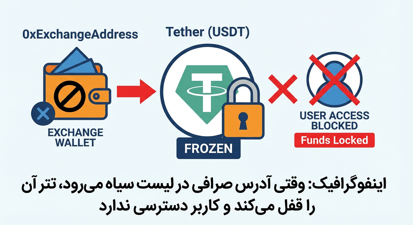 تصویری که نشان میدهد وقتی آدرس صرافی در لیست سیاه میرود، تتر آن را قفل میکند و کاربر دسترسی ندارد