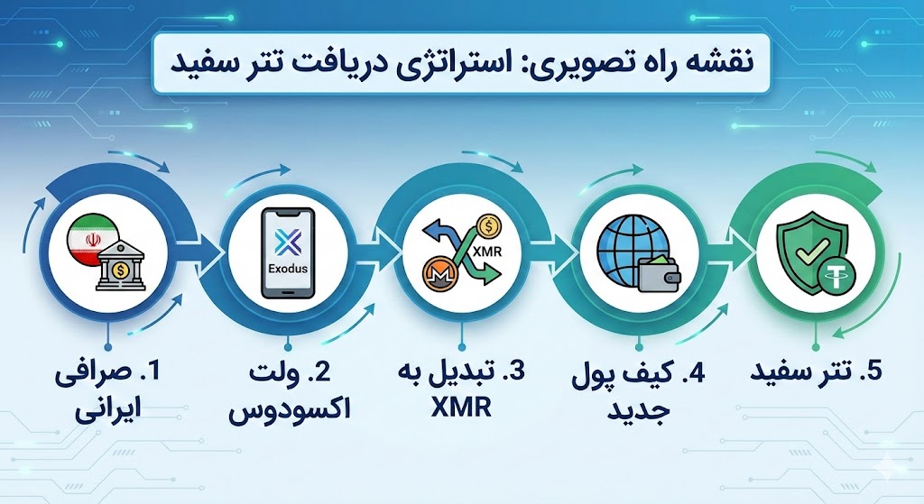 نقشه راه تصویری: 🇮🇷 صرافی ایرانی -> 📱 ولت اکسودوس -> 🔄 تبدیل به XMR -> 🌍 کیف پول جدید -> ✅ تتر سفید